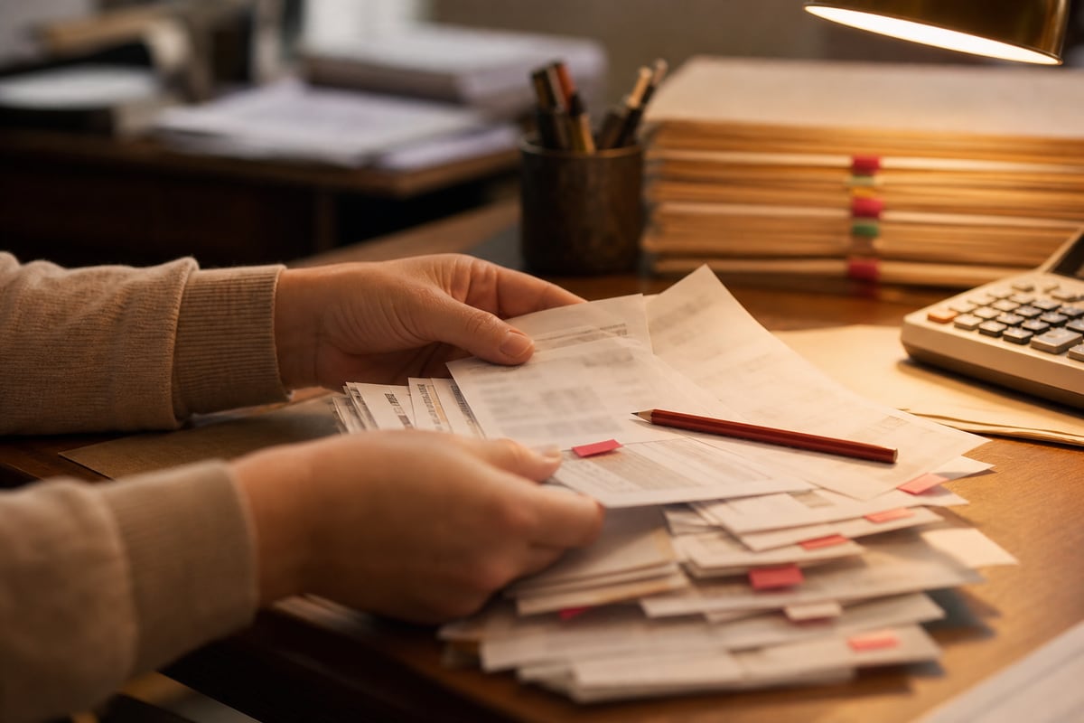 Hands sorting a client's paper pile with red flag stickers under lamplight