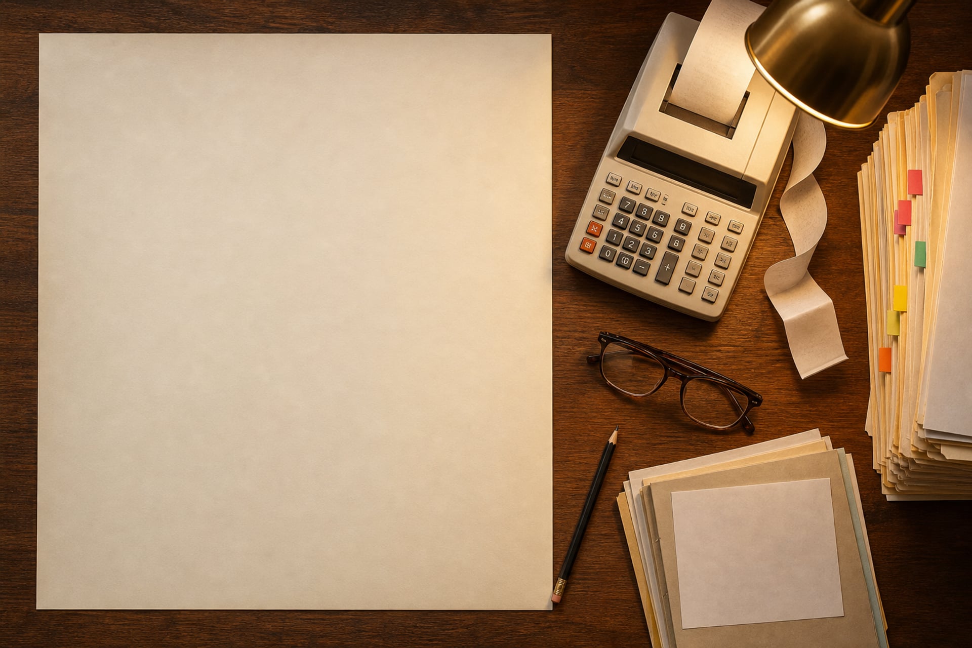 A tax-season desk from directly above — client folders, calculator, glasses, and one blank sheet of paper