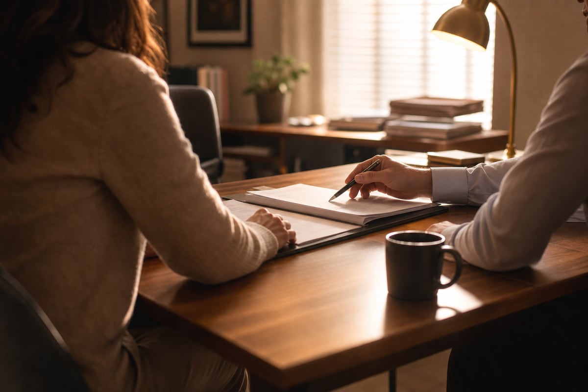 A calm client consultation across a tidy desk in late-afternoon light