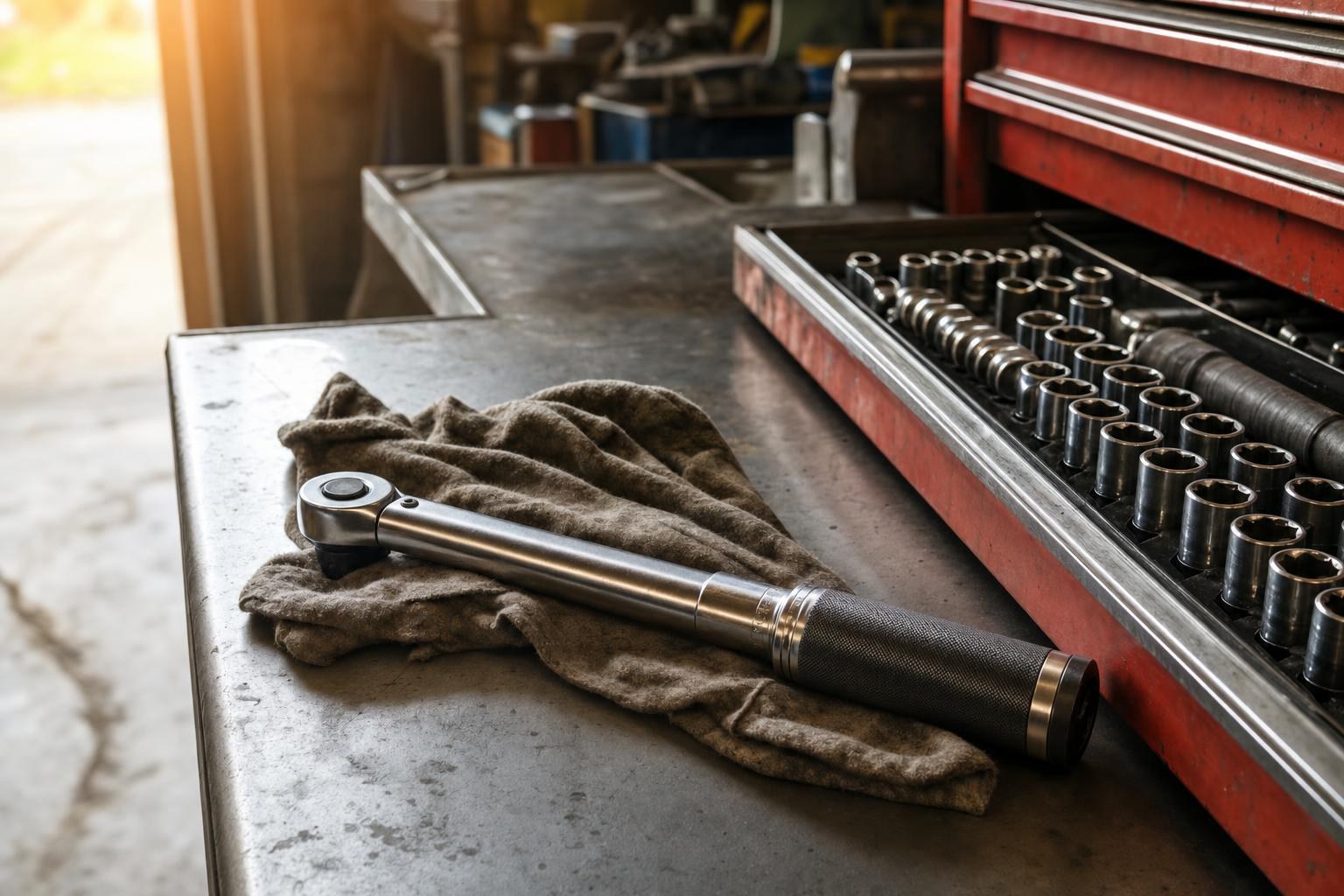 A torque wrench on a shop rag beside an open tray of sockets on a steel workbench