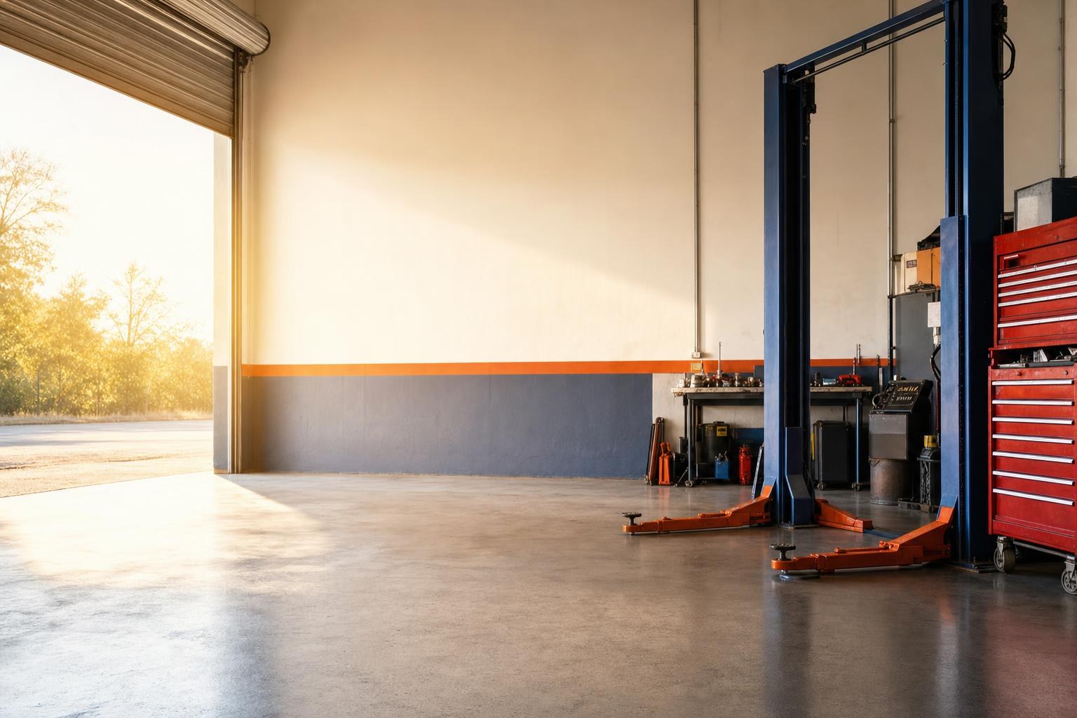 An empty two-post lift bay at opening time, morning sun flooding in through the open roll-up door, tool chests along the wall