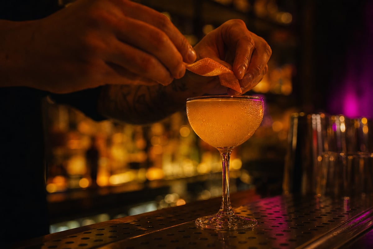 A finished cocktail being garnished at the rail under backbar glow