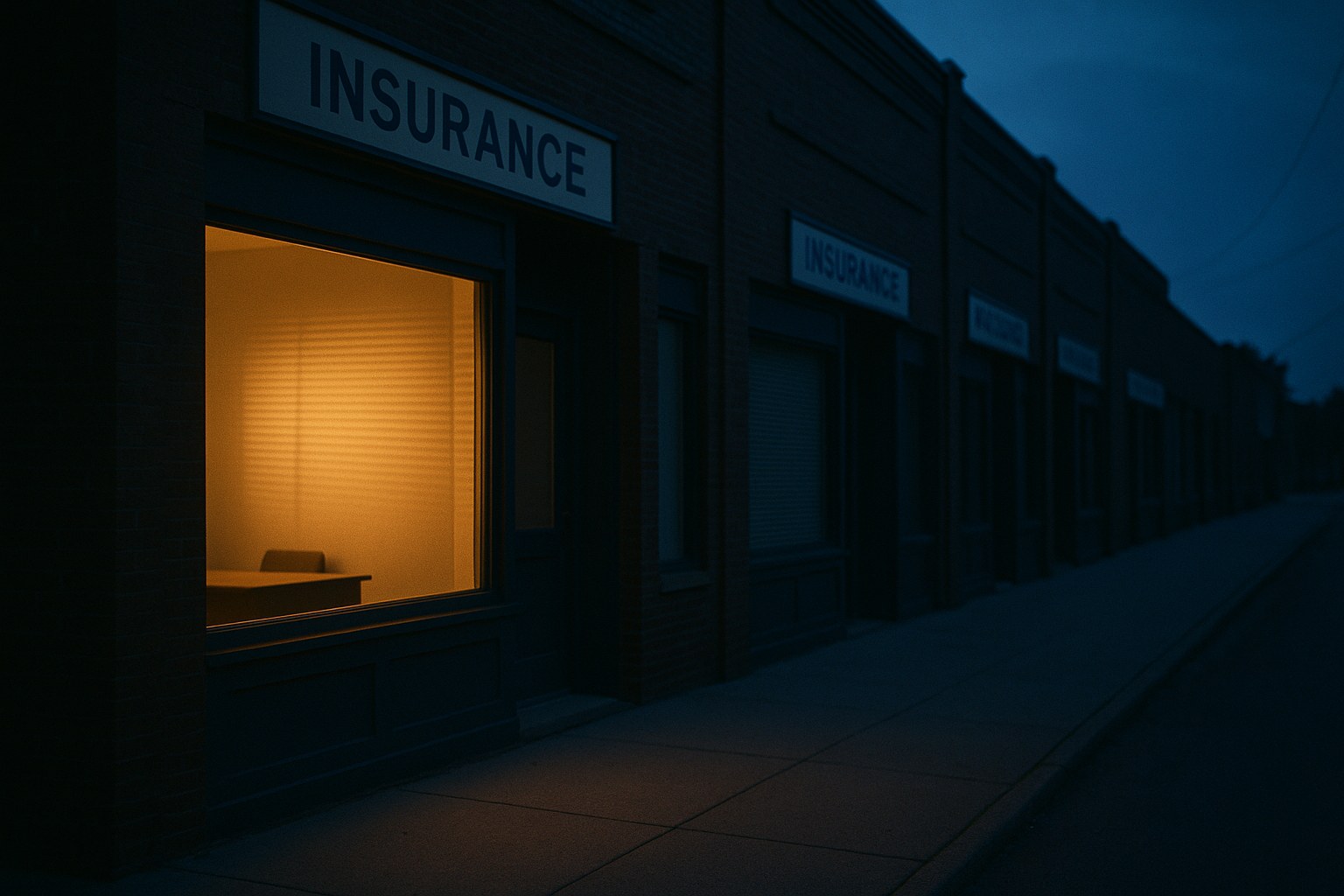 A dusk row of identical agency storefronts — one lit window glowing warm, the tidy office empty inside, the others dark
