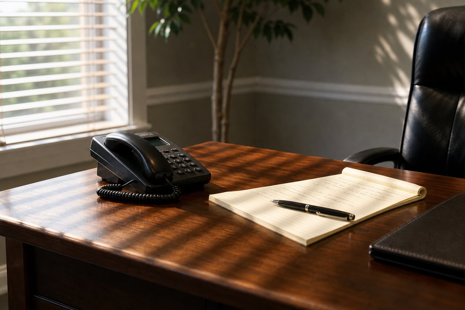 The office phone at rest beside a legal pad, morning blind-light across the desk