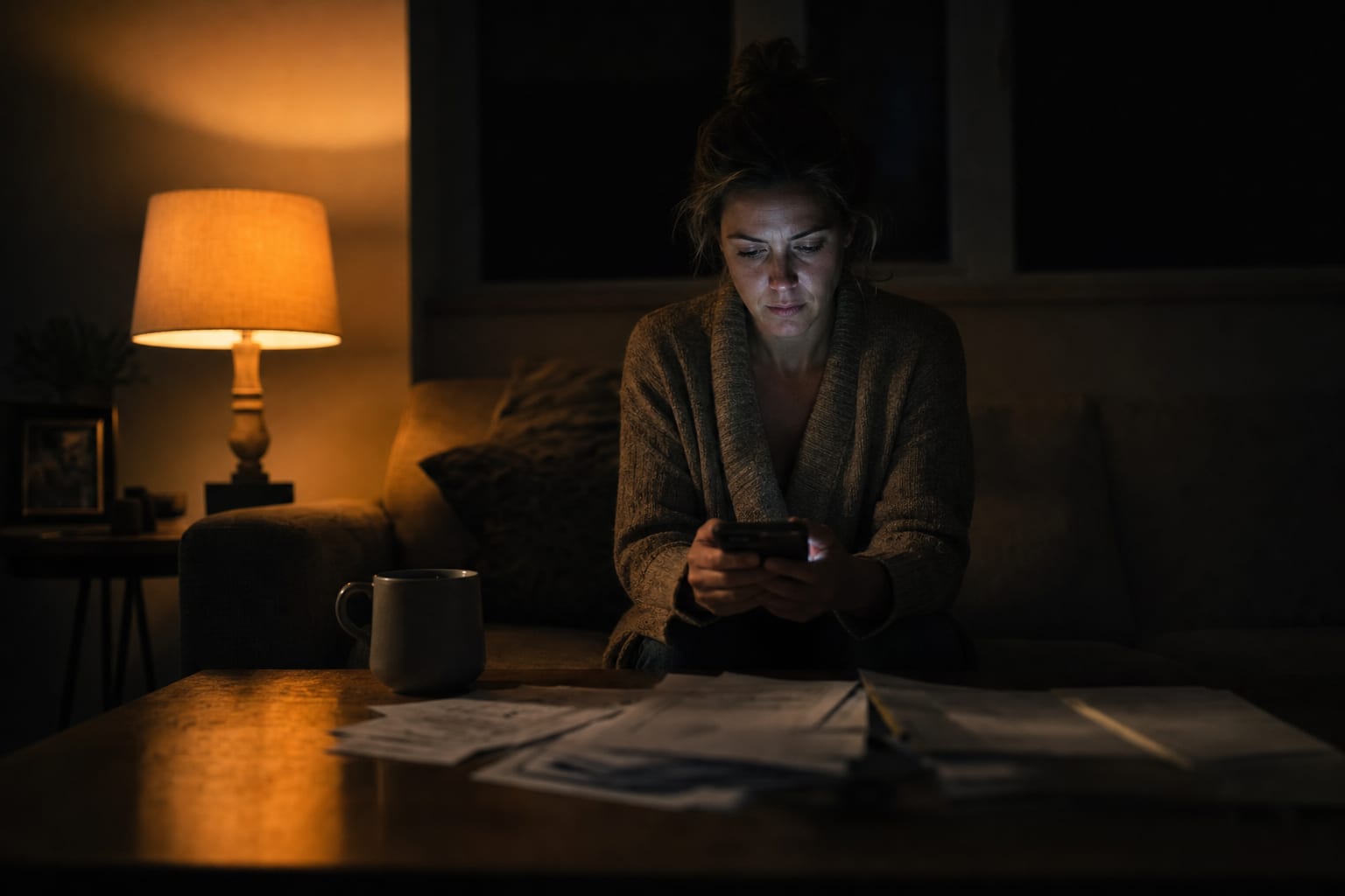 A shopper at home at night, phone in hand, insurance paperwork on the coffee table