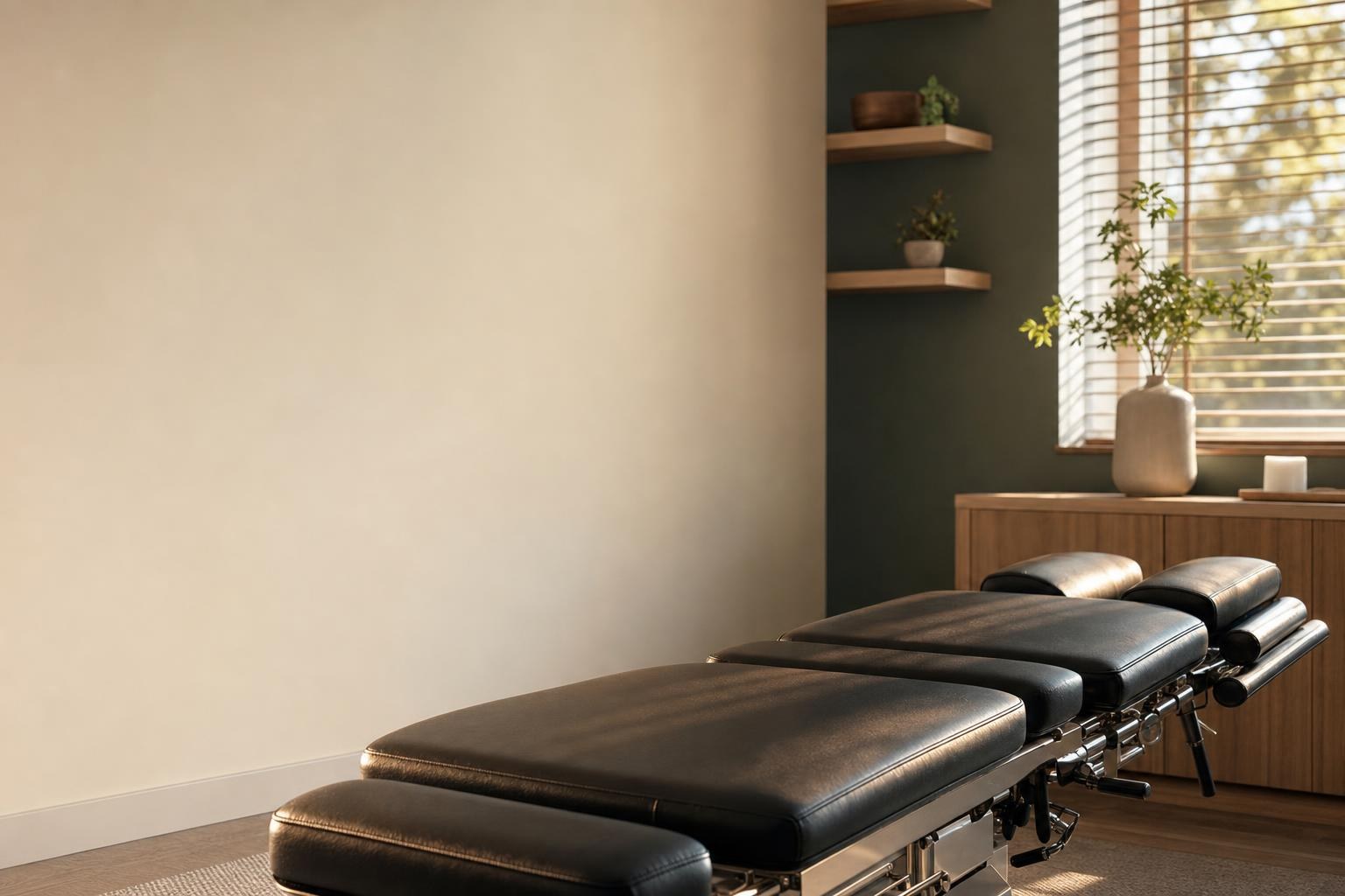 A bright, empty chiropractic adjustment room in the morning — chrome and leather table, venetian-blind light raking across the wall
