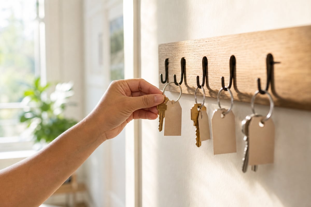 A hand hanging a tagged house key on a wooden key rack in morning light