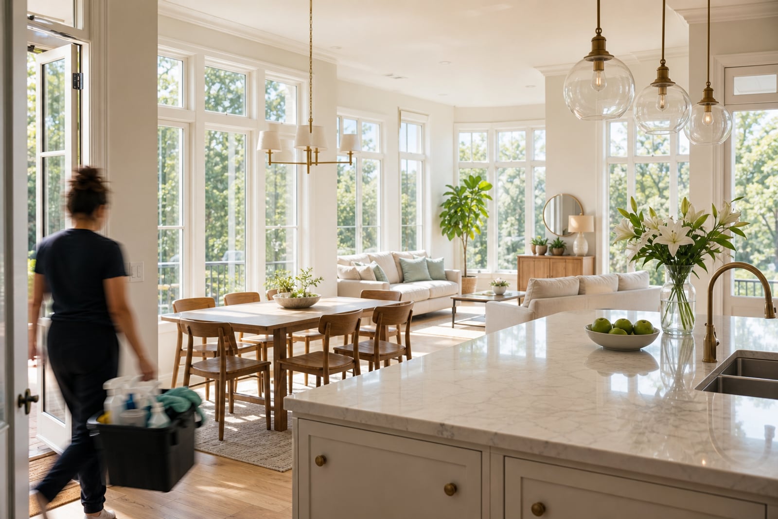 A finished, gleaming kitchen and dining room in bright morning light
