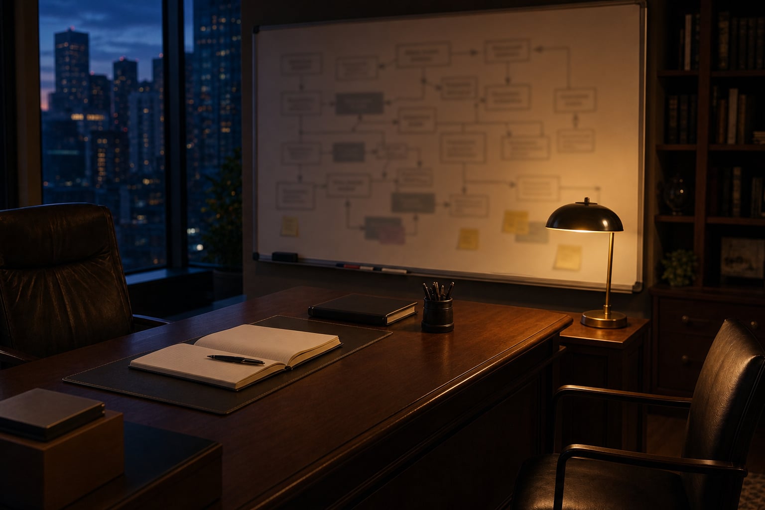 A whiteboard pipeline at dusk, lit by one desk lamp — the selling that waits for the delivering to end