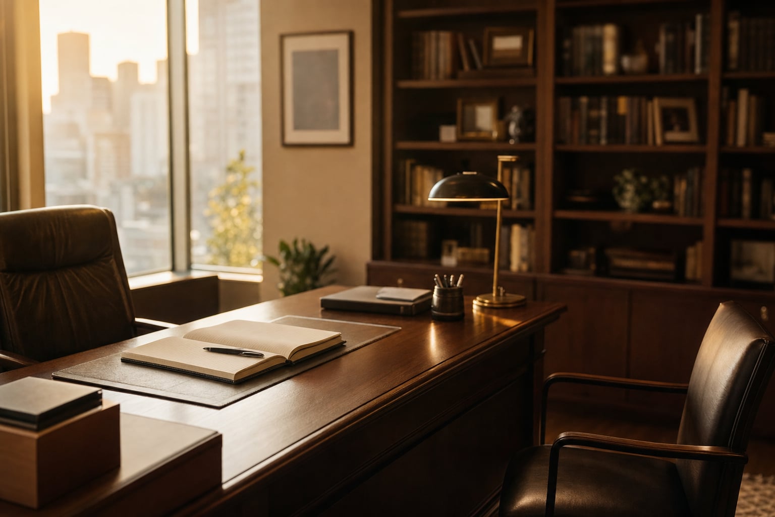 A partners desk in warm afternoon light — one side lived-in, the facing chair empty and waiting