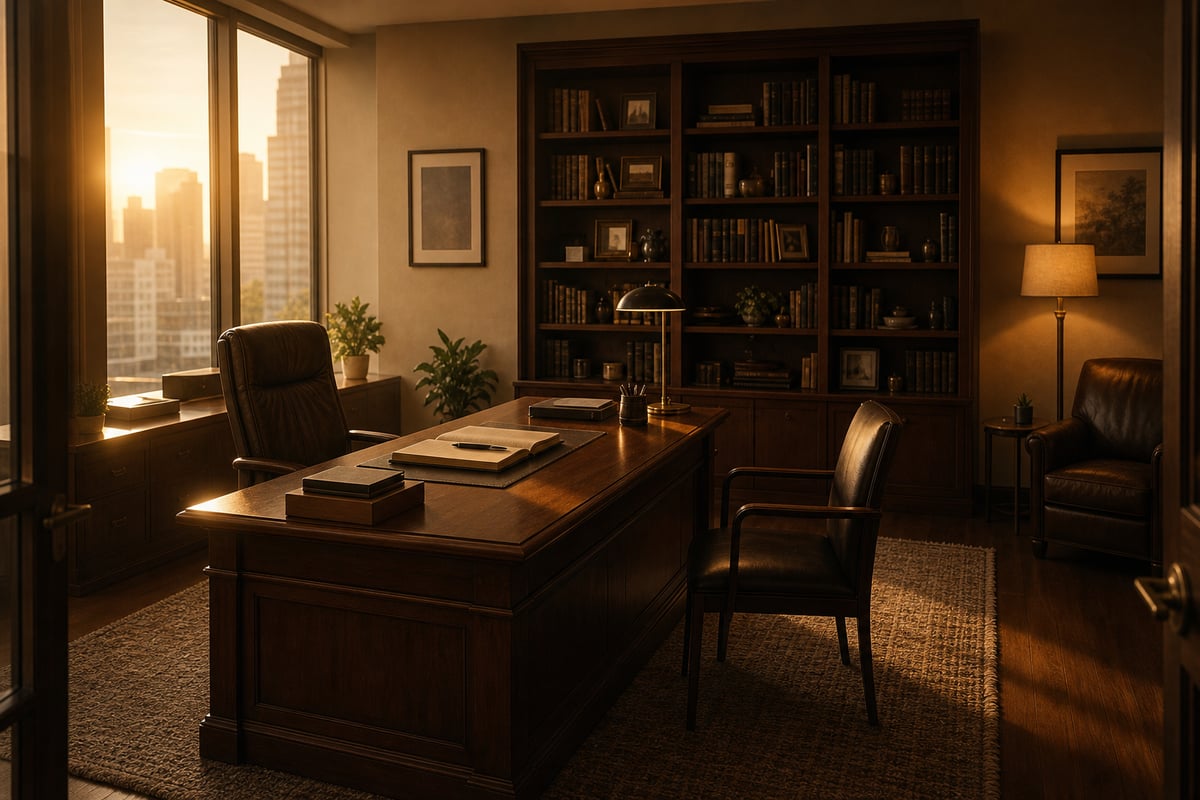 The corner office at golden hour — the partners desk with its lived-in chair and the empty one facing it