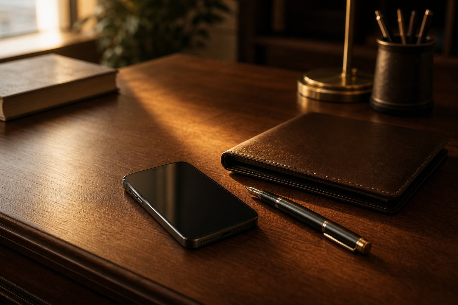 A phone at rest on a wooden desk beside a leather portfolio in afternoon light