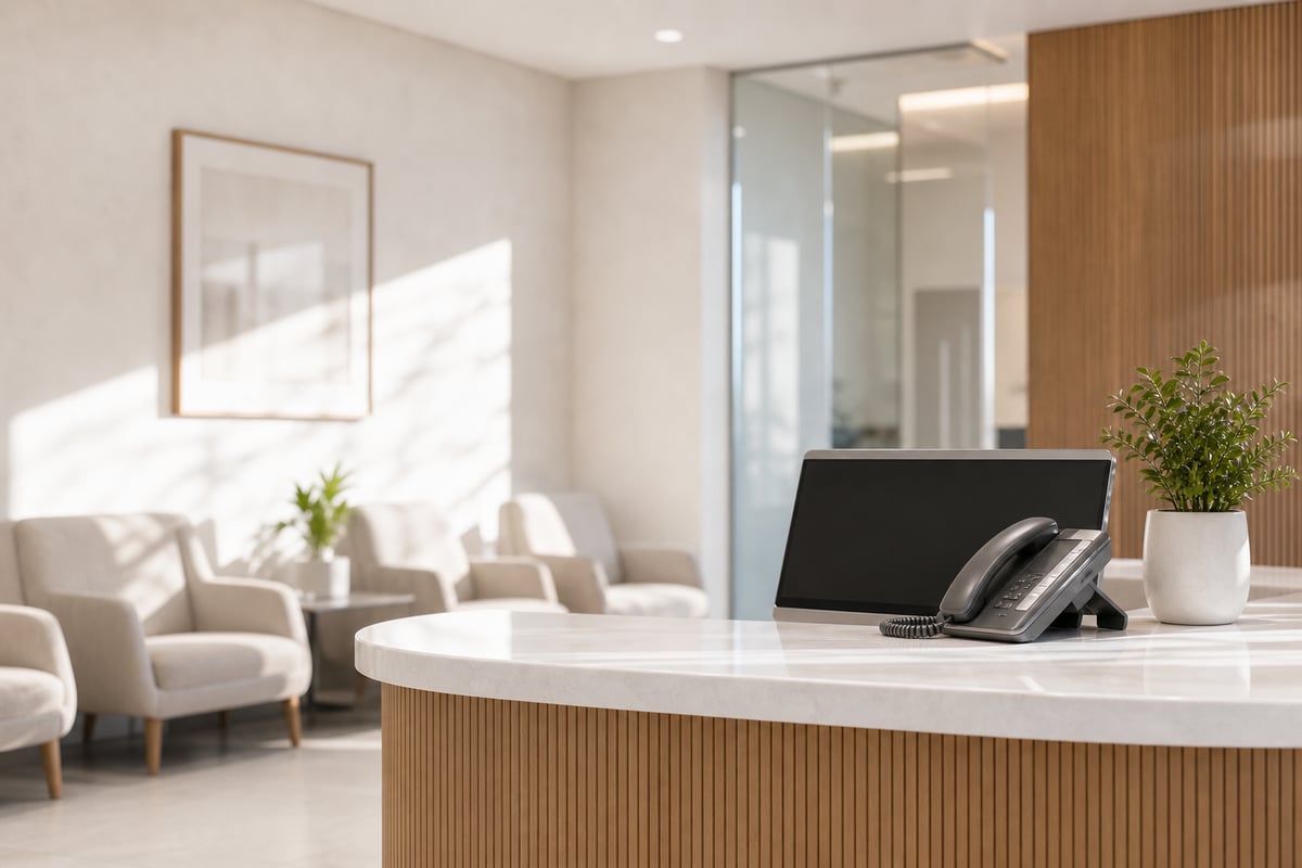 An immaculate, empty dental front desk at lunch hour, phone resting in its cradle