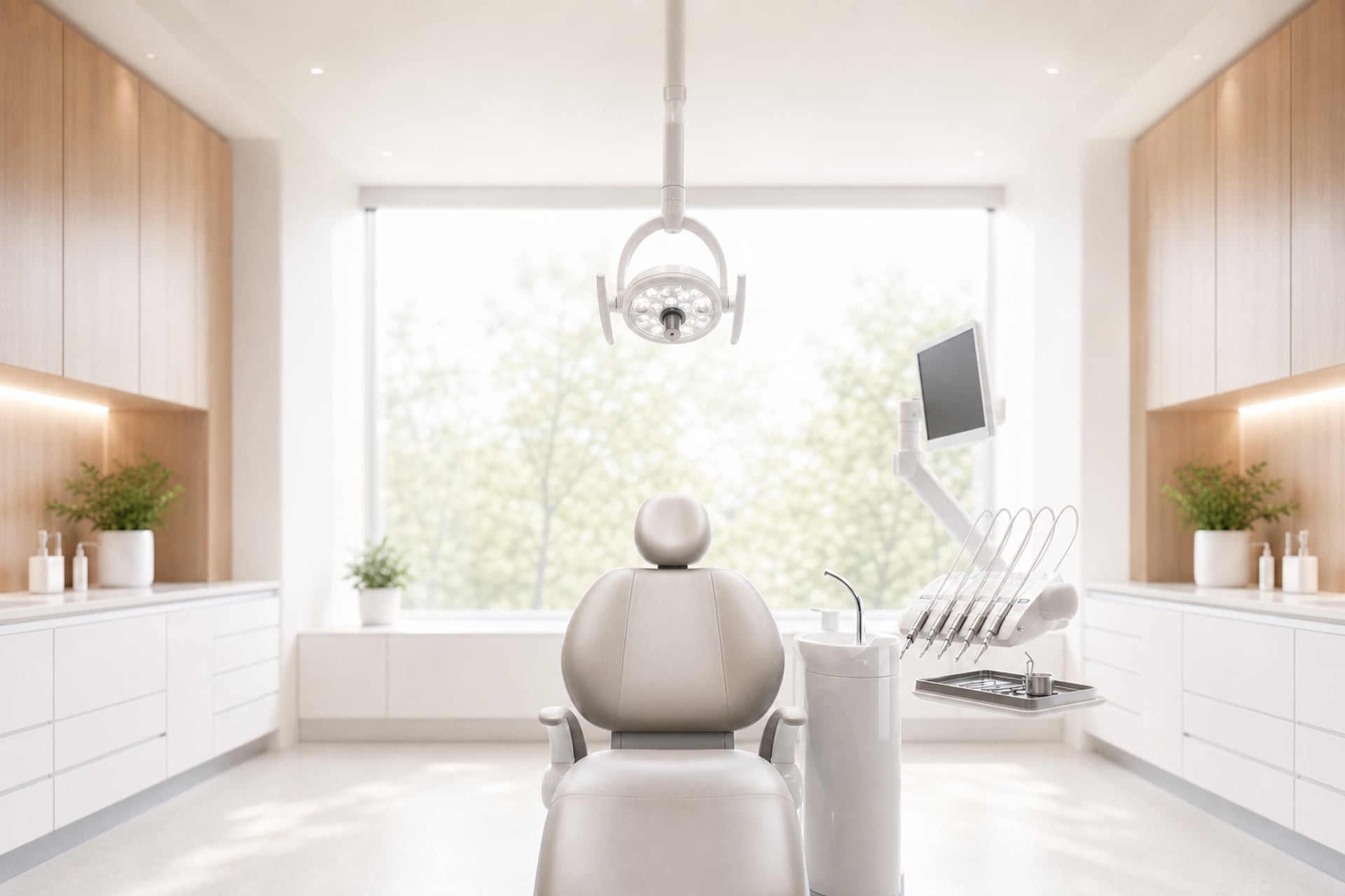 An empty dental operatory at mid-afternoon, chair centered and waiting in near-white daylight