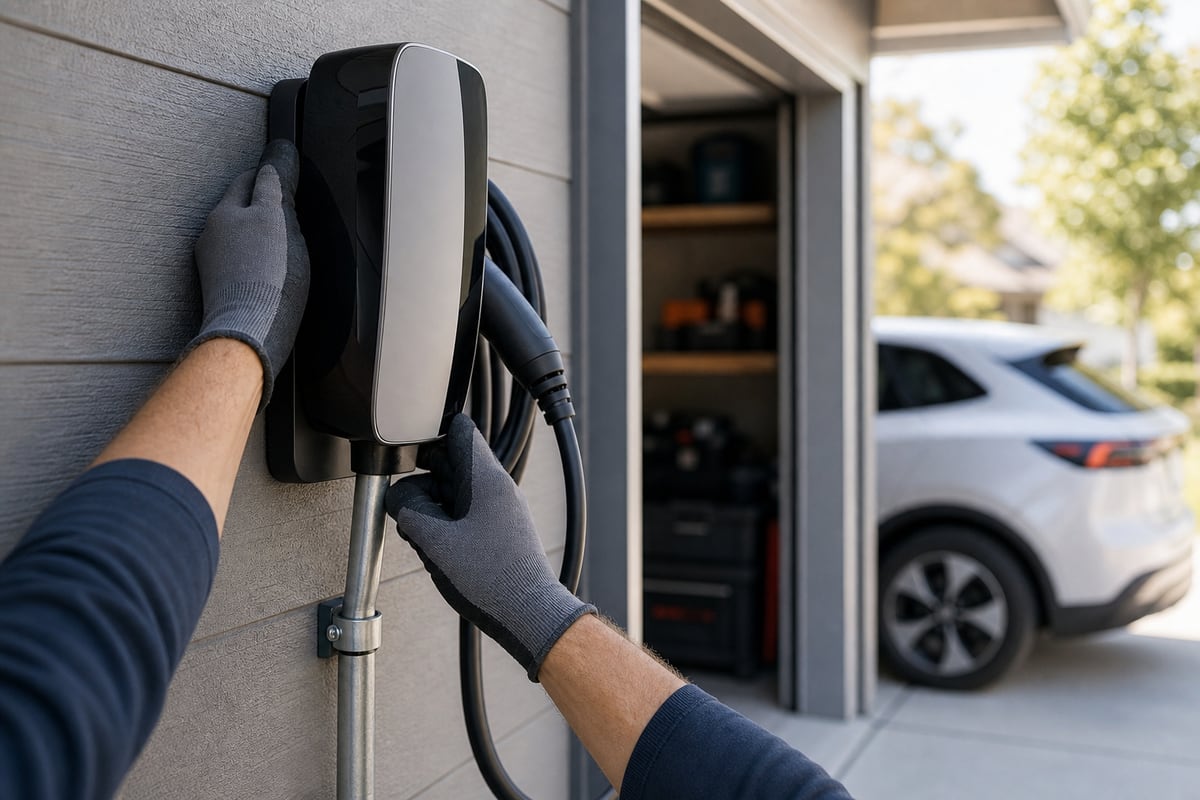 Gloved hands mounting an EV charger on a garage wall in bright daylight