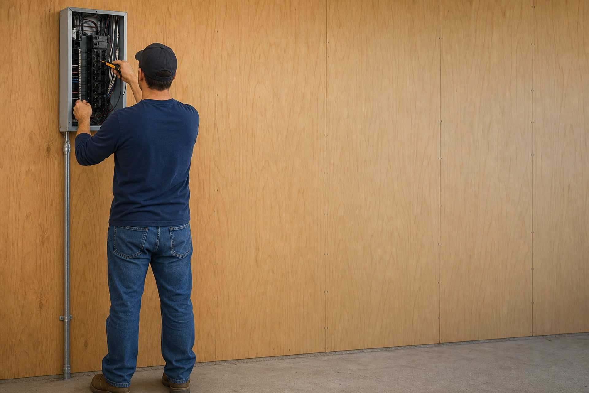 An electrician testing an open breaker panel on a garage's plywood wall in morning light