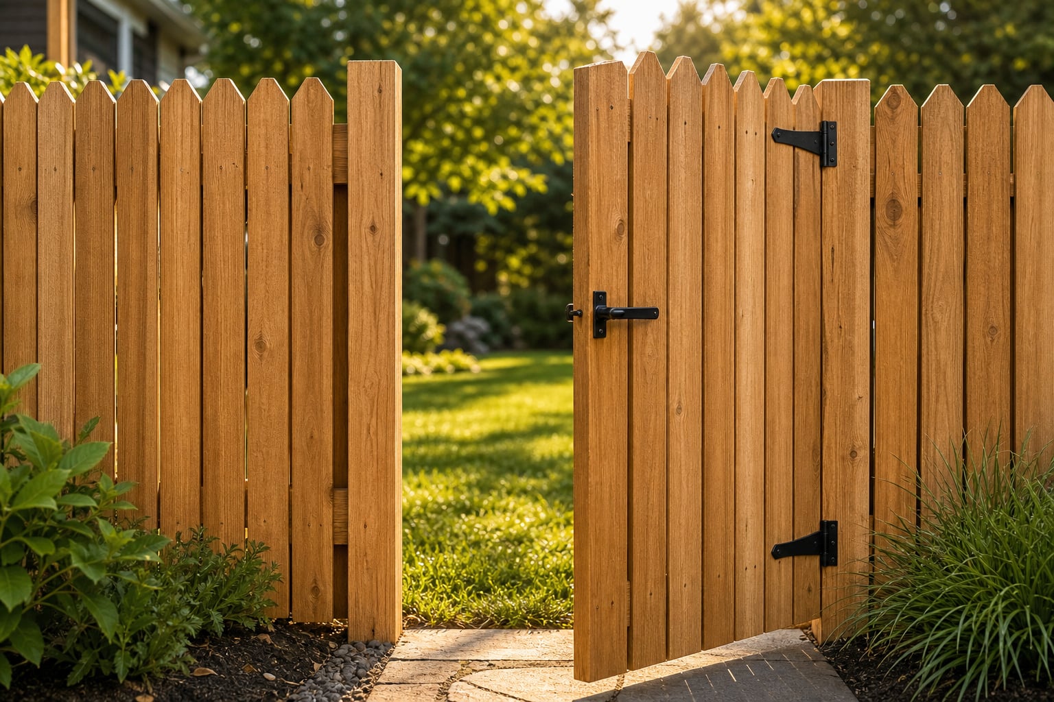 A finished cedar gate standing slightly open in warm late light