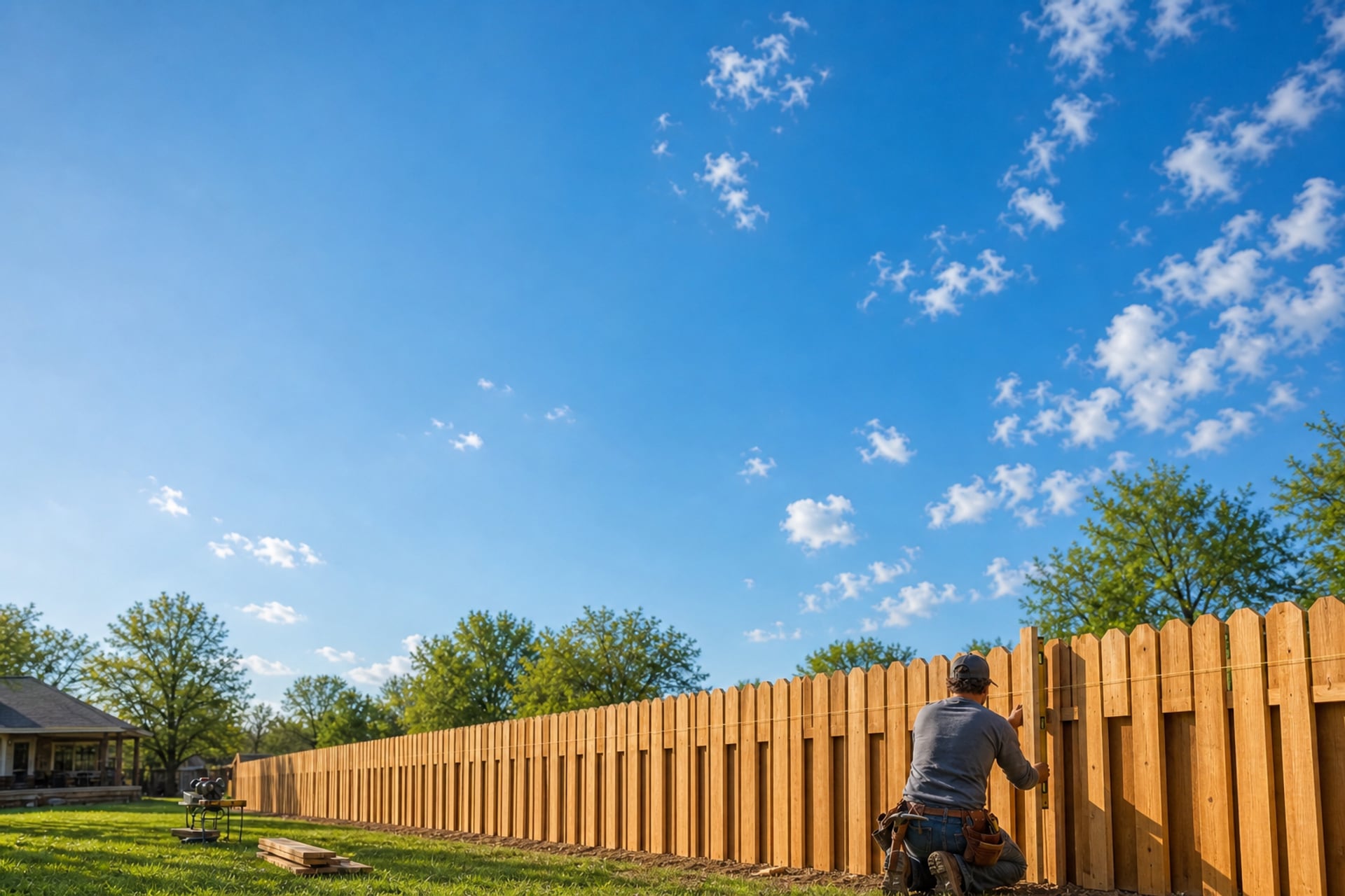 A fence builder setting a cedar picket against a string line on a bright spring morning