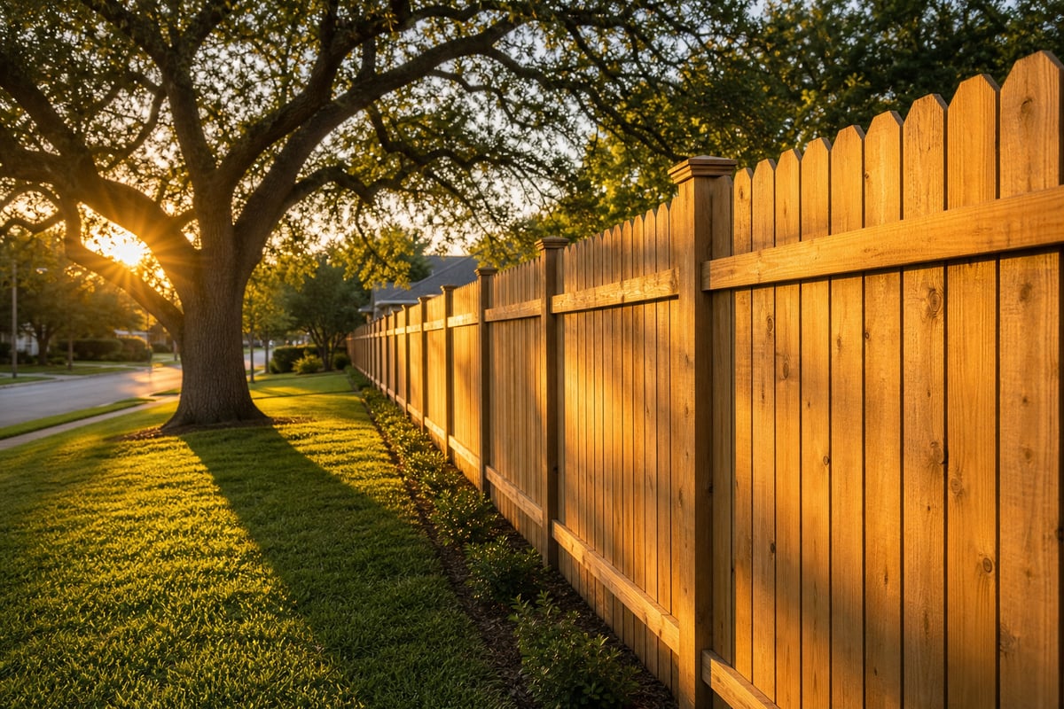 A long completed cedar privacy fence running straight under a live oak at golden hour