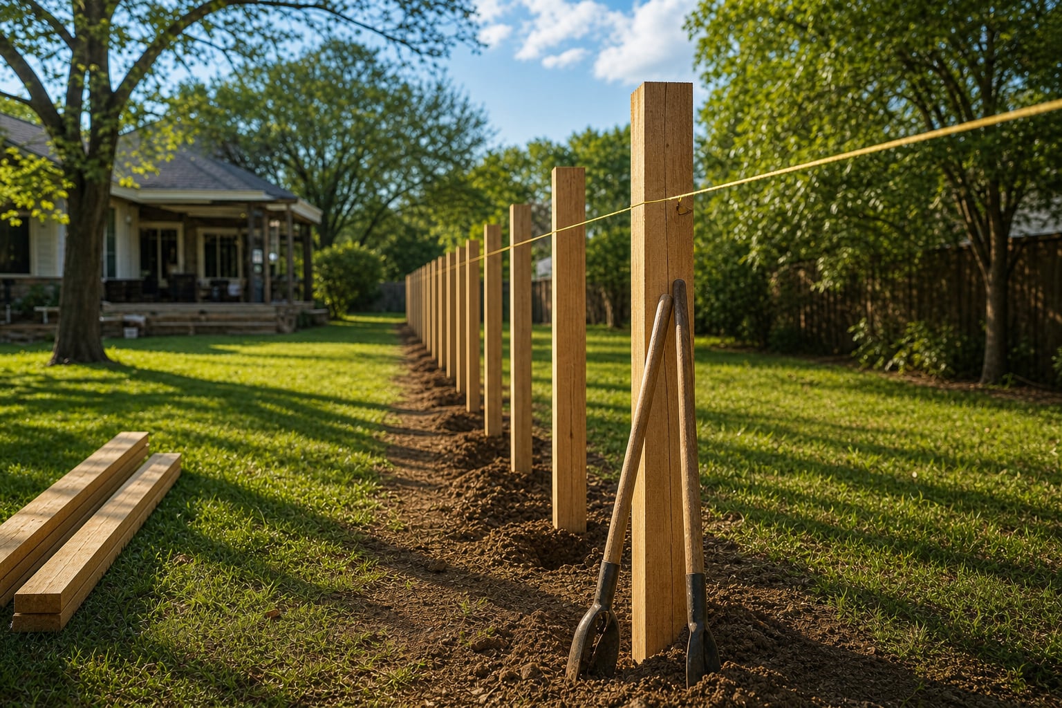 A straight line of freshly set cedar posts with a taut string line, morning shadows on the grass