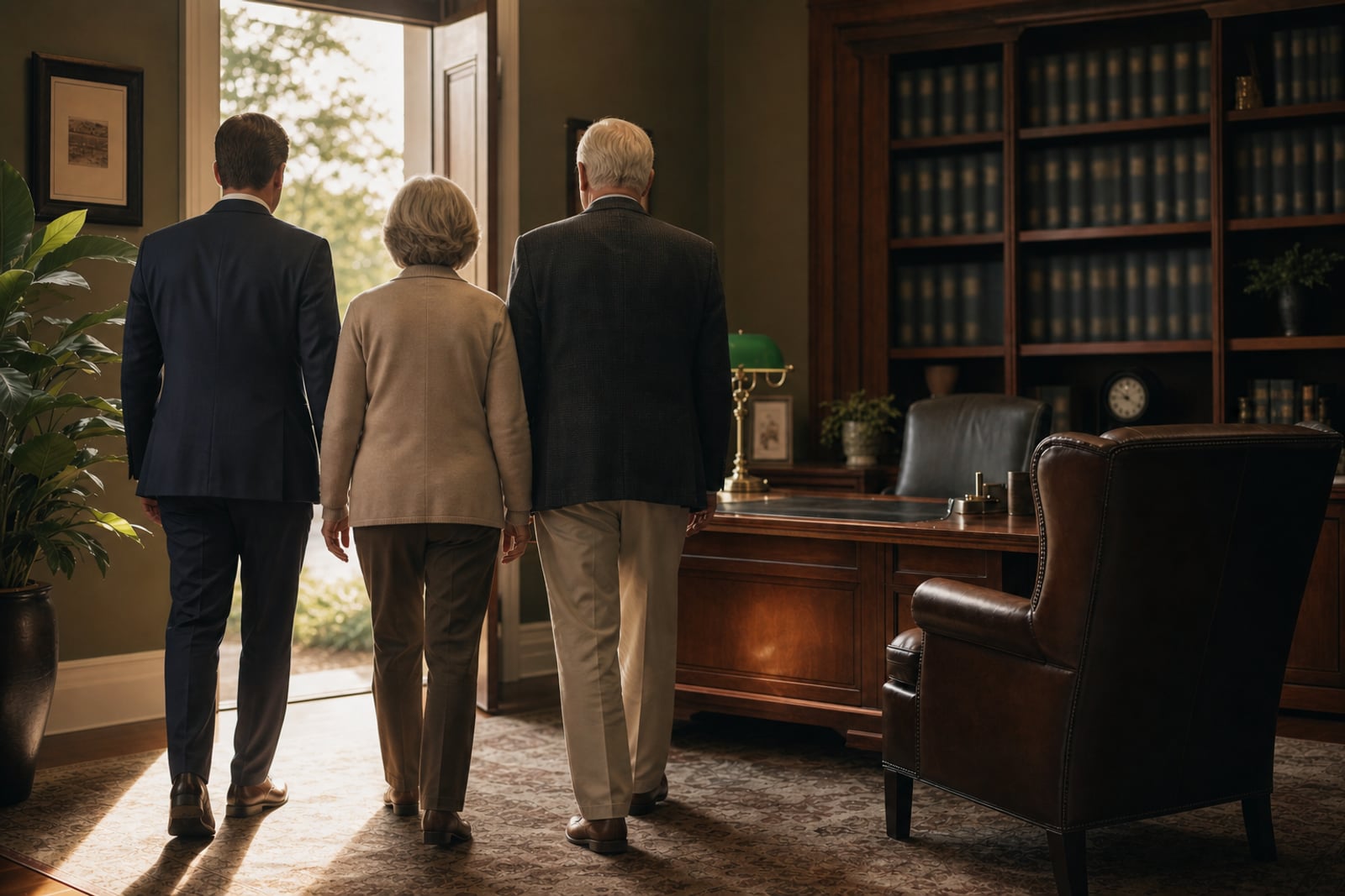 An advisor walking a couple to the office door after a review meeting, photographed from behind in warm light