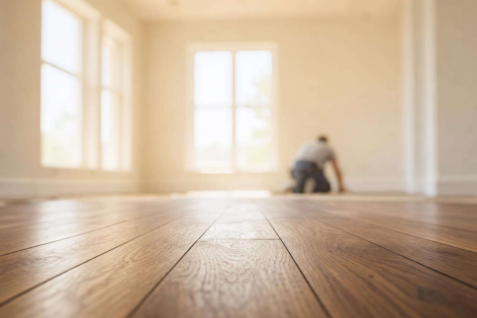 Camera resting on the new walnut floor — planks razor-sharp in the foreground, the bright room dissolving to warm daylight above
