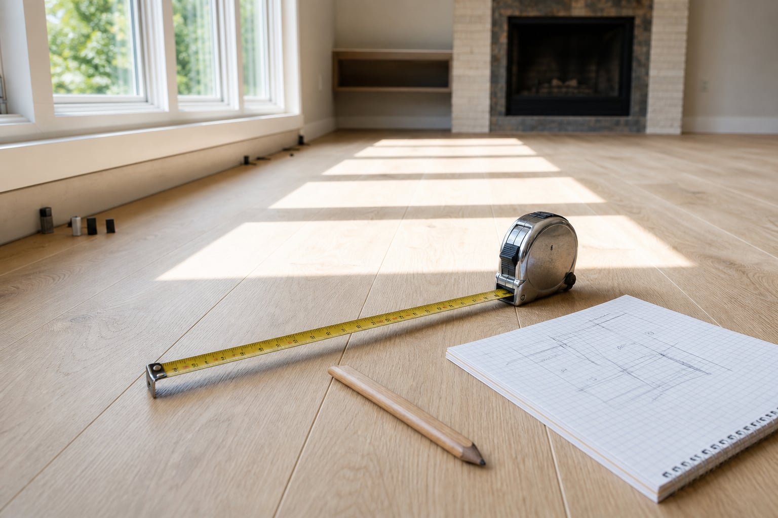 A steel tape measure pulled taut across clean subfloor beside a notepad of room dimensions