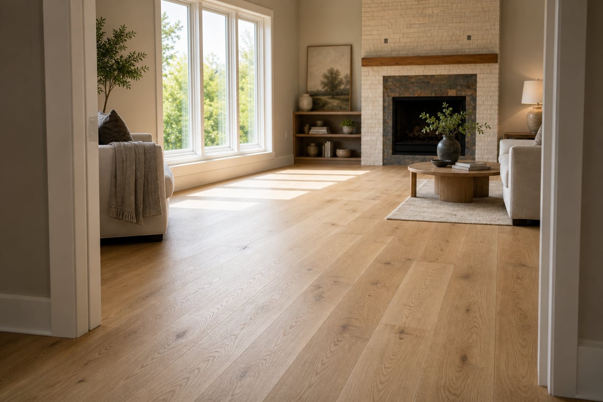 A finished white-oak floor glowing in late-afternoon sun, seen from the doorway