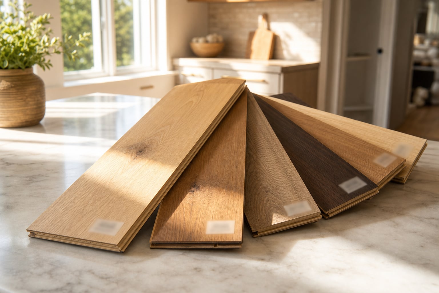 Wood flooring sample boards fanned across a kitchen counter in afternoon sun