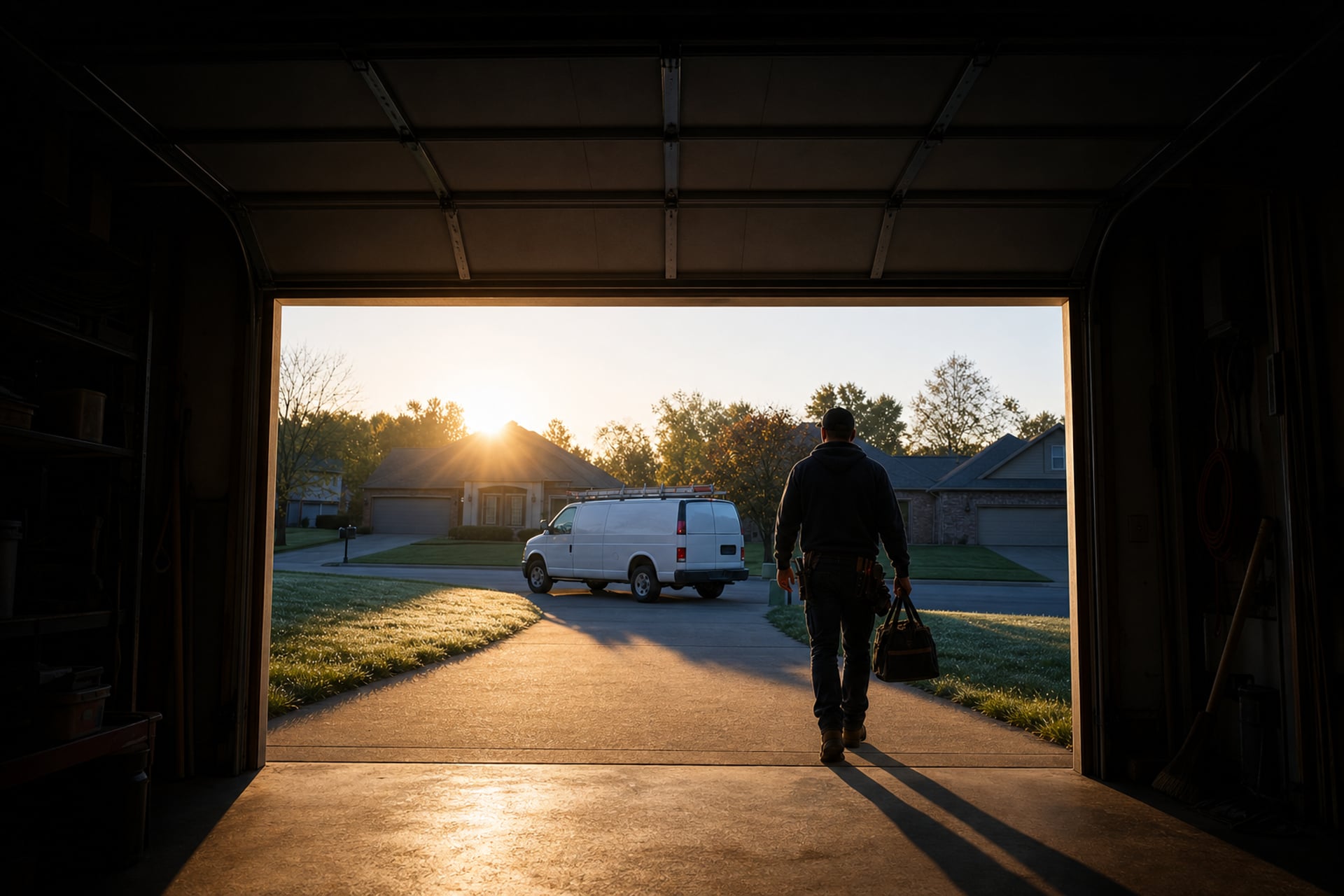 Looking out from inside the dark garage through the raised door — the technician walking up the bright 7 AM driveway
