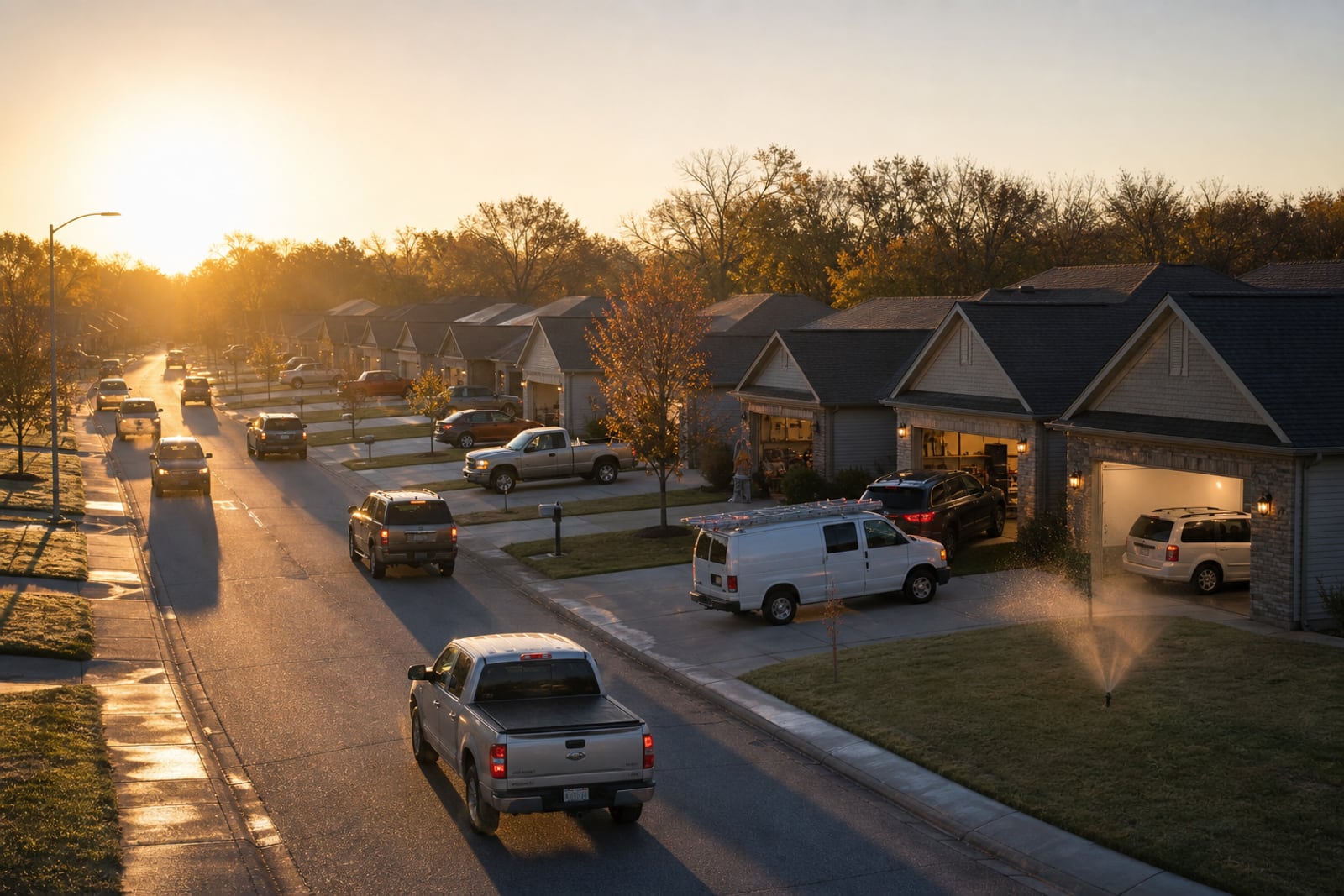 A suburban street at sunrise, garage doors opening and cars backing out
