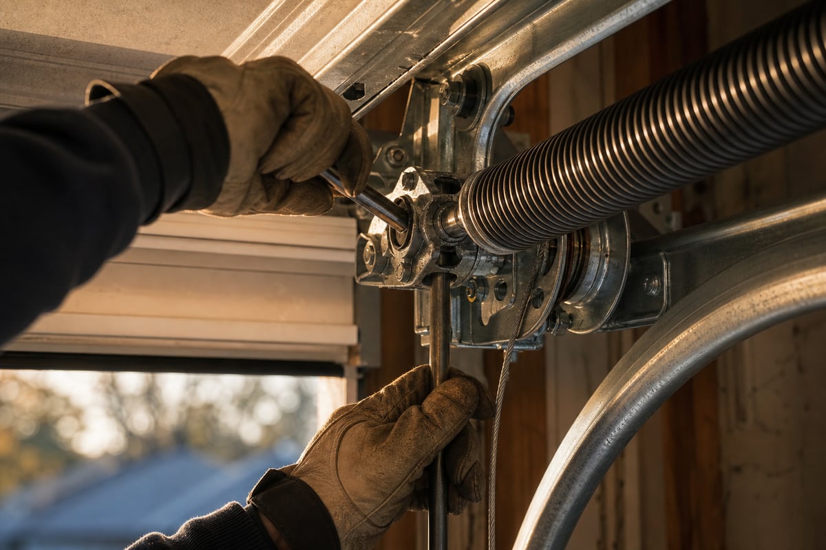 Gloved hands setting a winding bar into a torsion spring cone in morning light