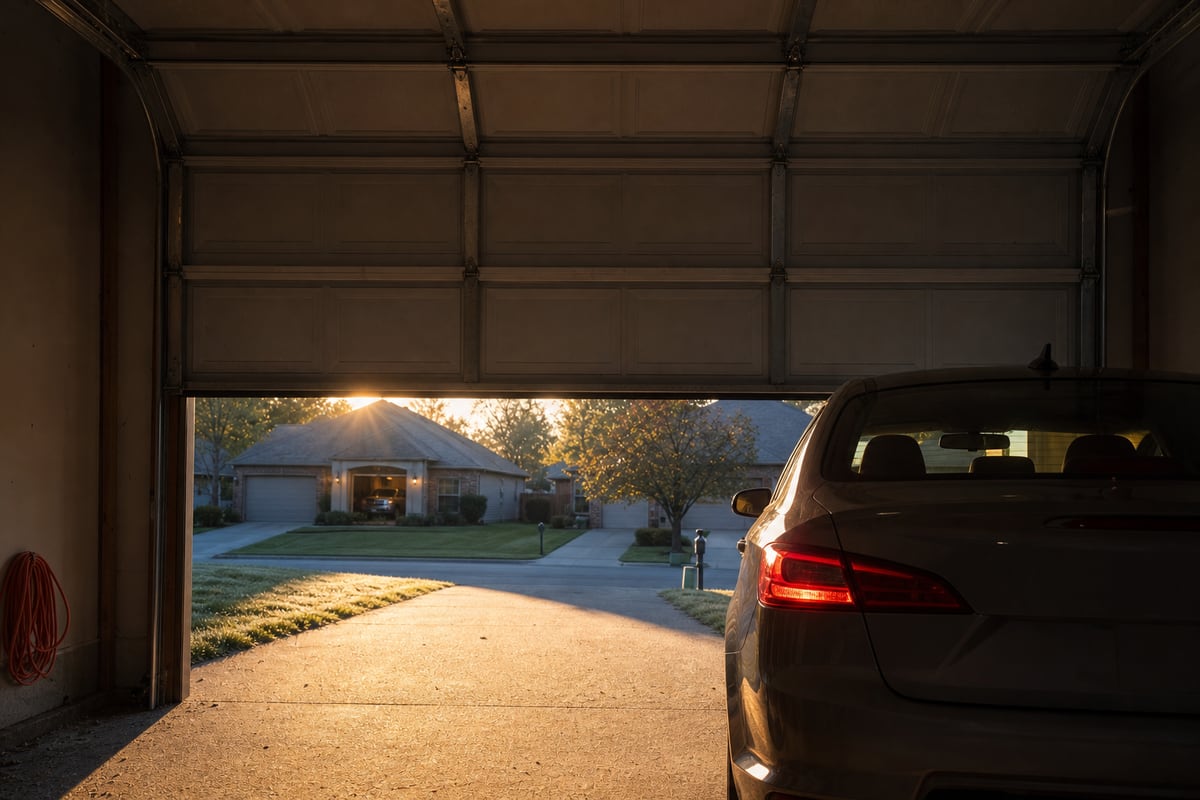 A garage door stuck half-open at dawn with a sedan waiting inside, brake lights glowing
