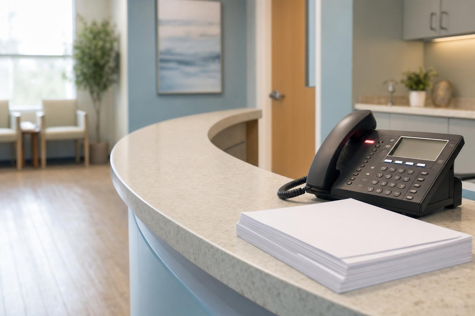 A reception counter with a multi-line desk phone, one hold light glowing
