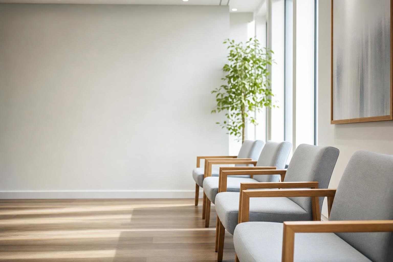 A sunlit private-practice waiting room in calm morning light — empty chairs in neat order along a pale wall