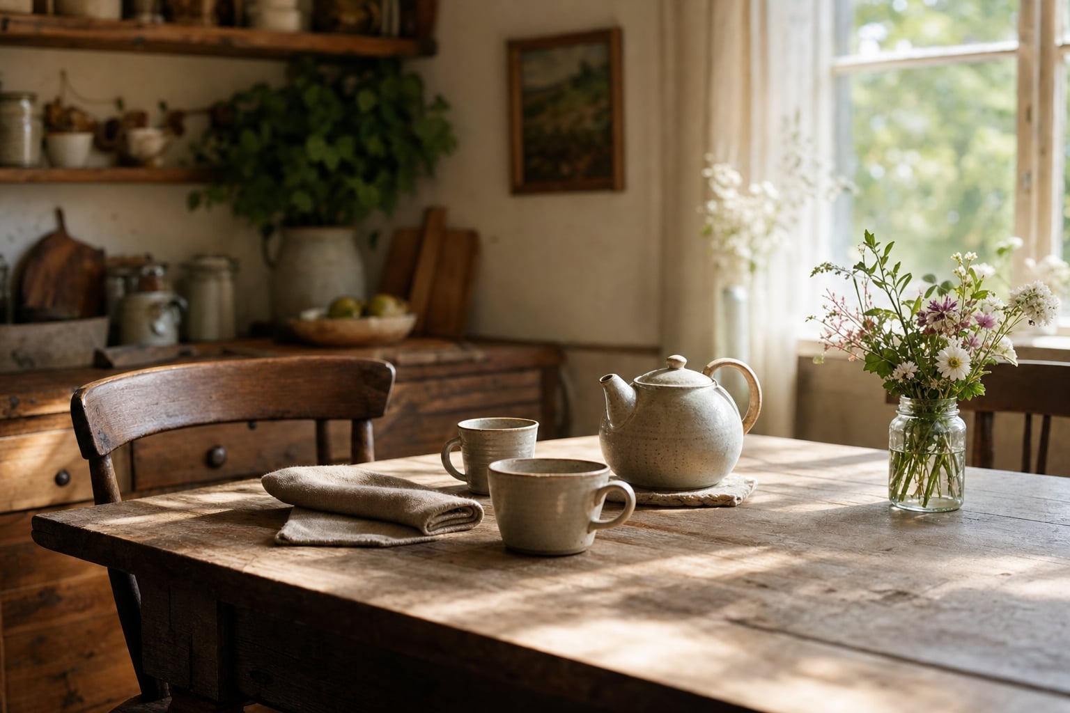 A kitchen table in soft afternoon light — a teapot and two cups set out for tea, a small jar of garden flowers