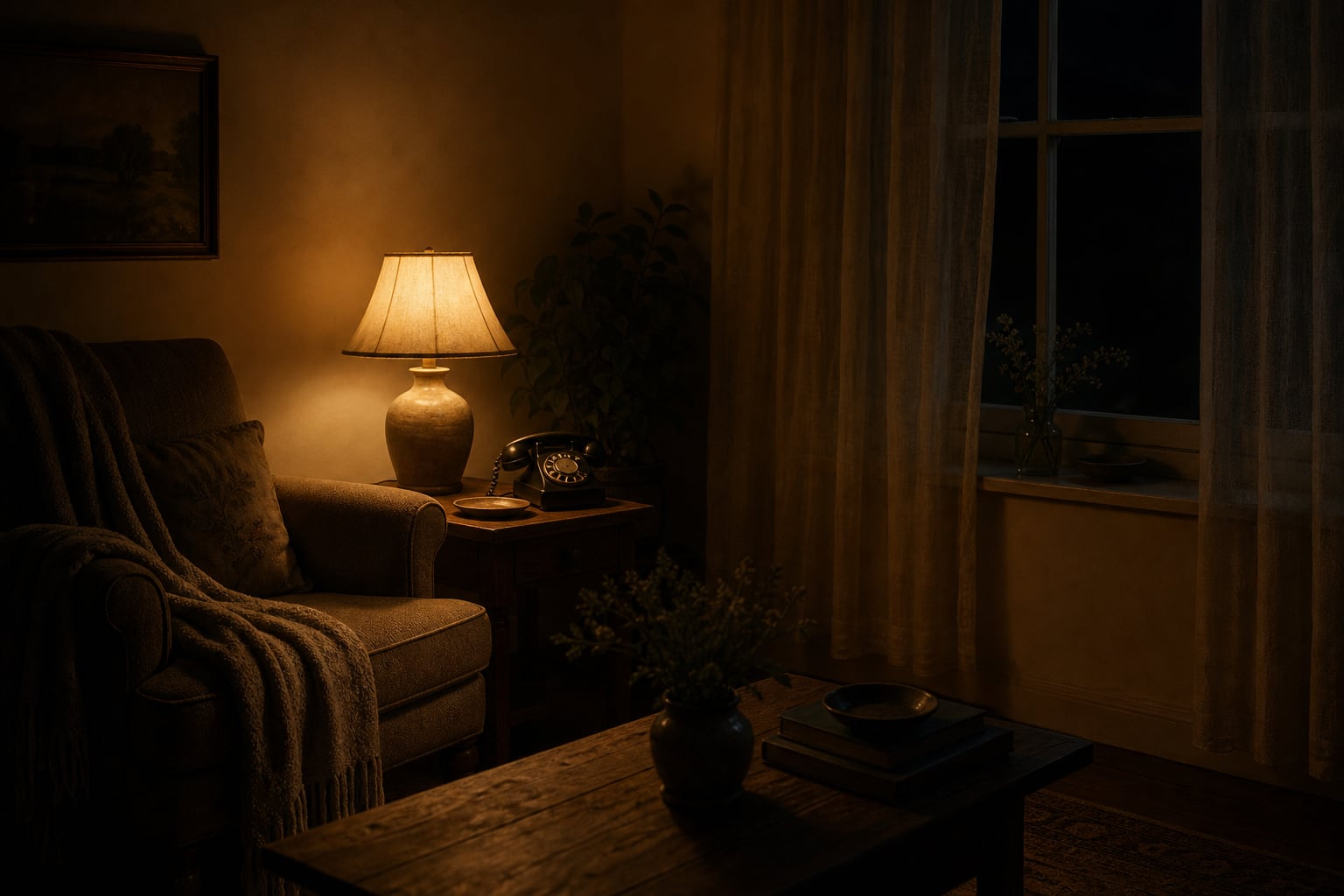 A dark living room at three in the morning — one warm lamp lit beside an armchair, a telephone within reach