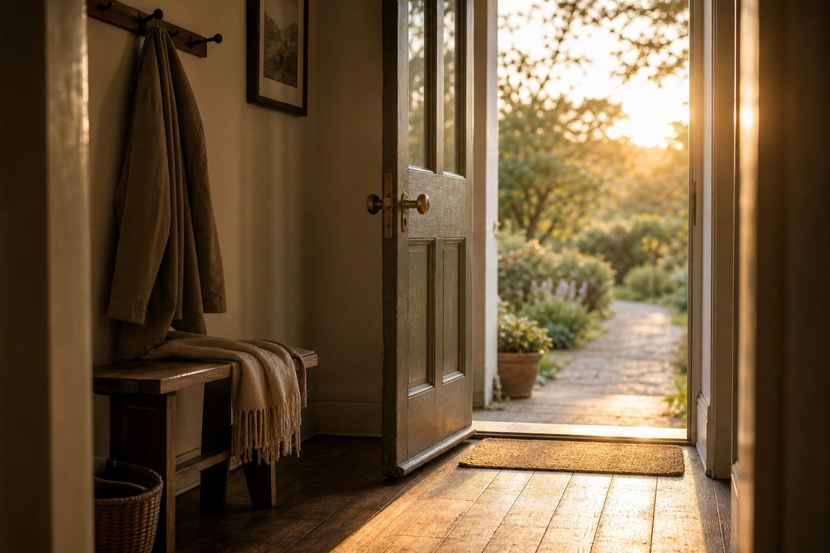 A front door standing open to warm evening light, seen from inside the hallway