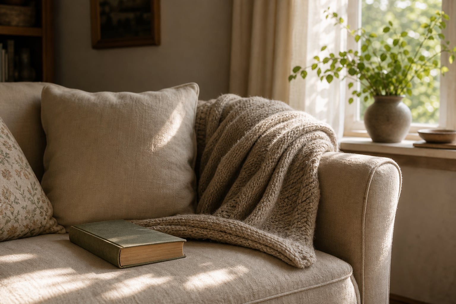 A knitted blanket draped over a sofa and a well-read book resting on the cushion, soft afternoon light