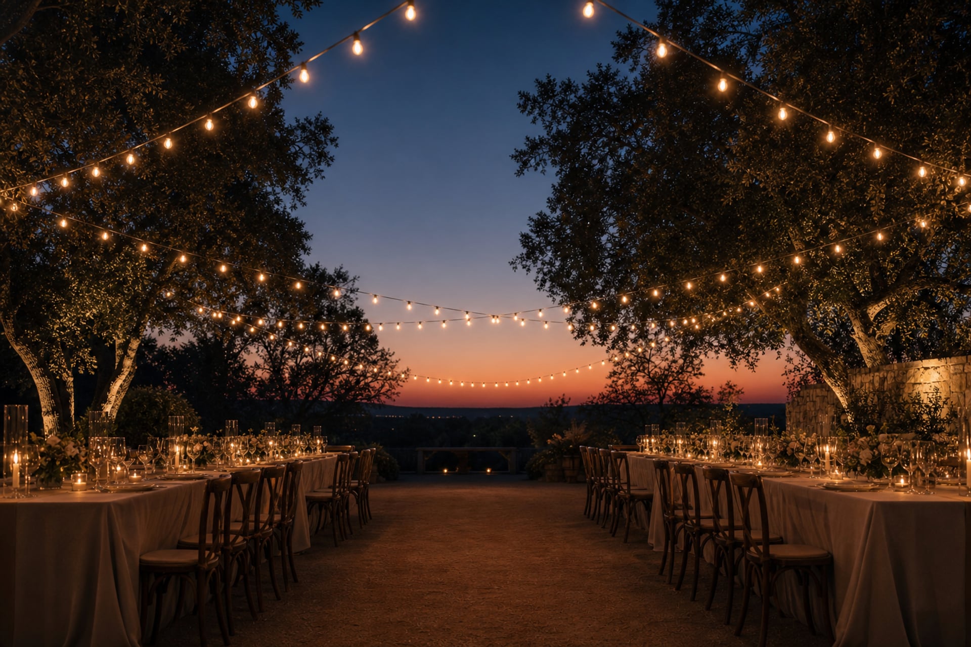 Standing in the aisle of an event courtyard at golden dusk, string lights converging overhead