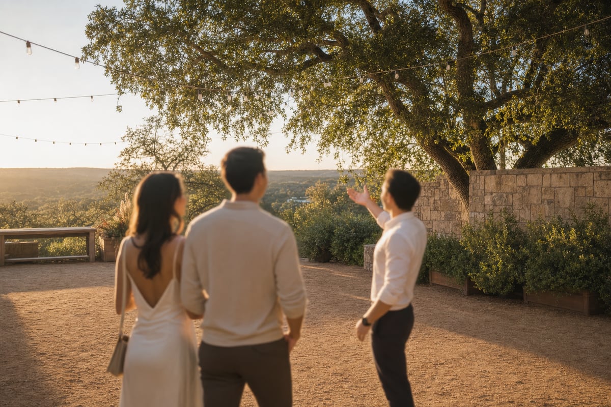 A venue host walking a couple through the courtyard on a late-afternoon tour