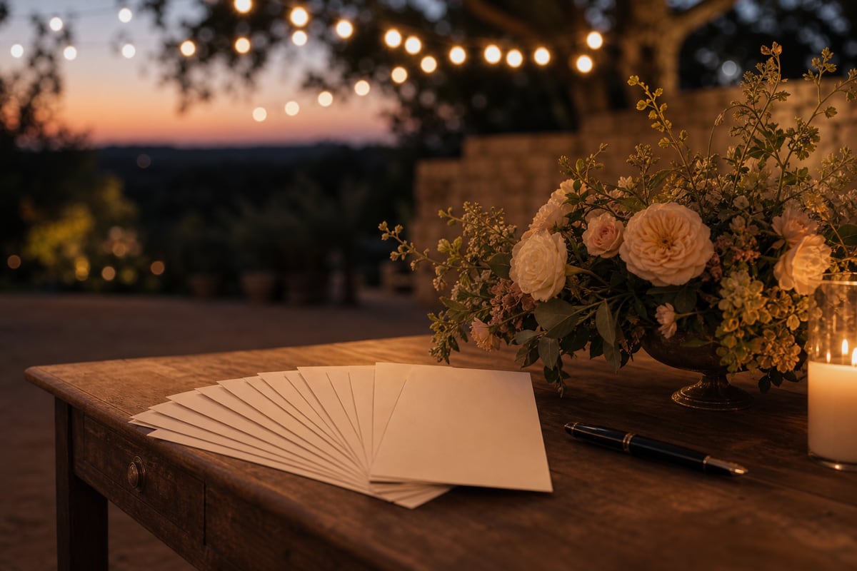 A welcome table with blank place cards, garden roses and a candle in warm dusk light