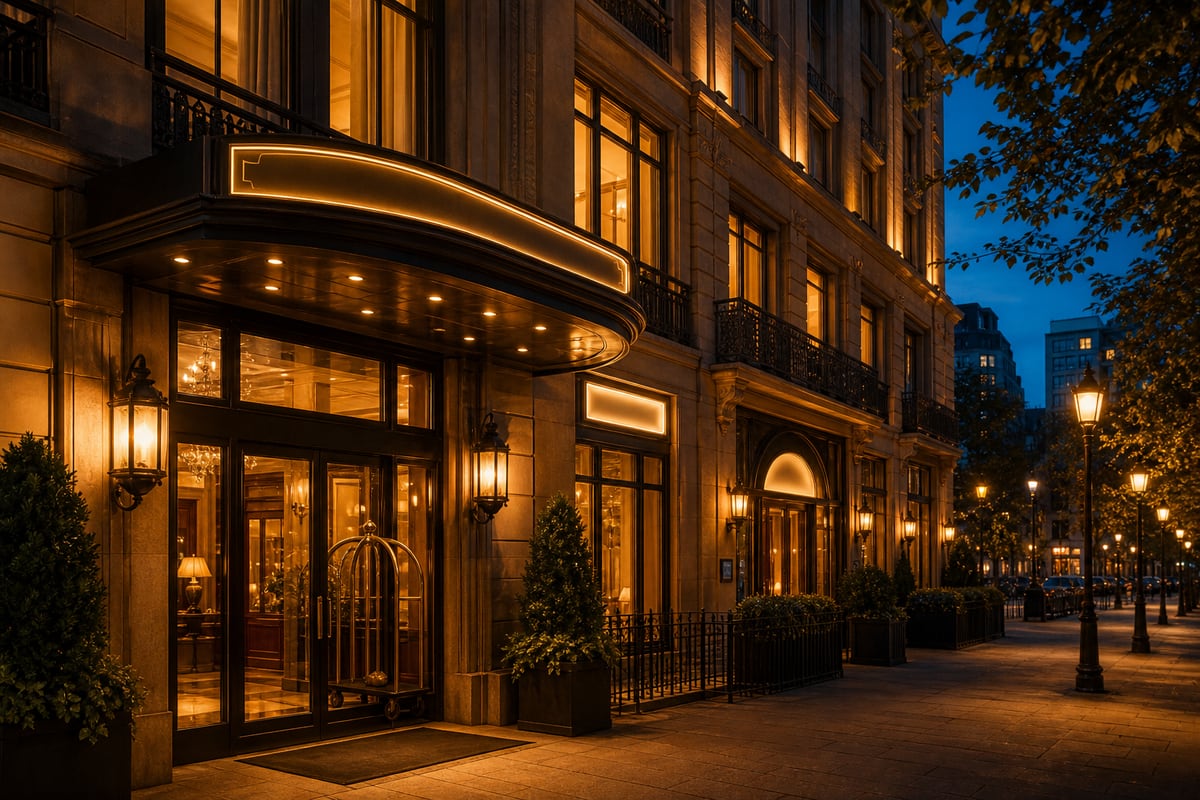 The hotel facade at dusk, warm windows glowing floor by floor