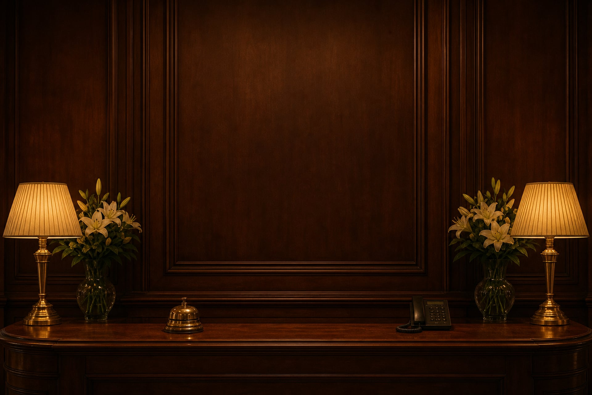 A boutique hotel front desk in warm evening lamplight — brass bell, corded phone, the paneled wall above