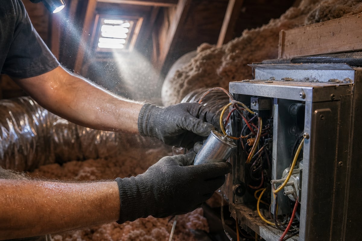 Gloved hands replacing a capacitor in a hot attic air handler