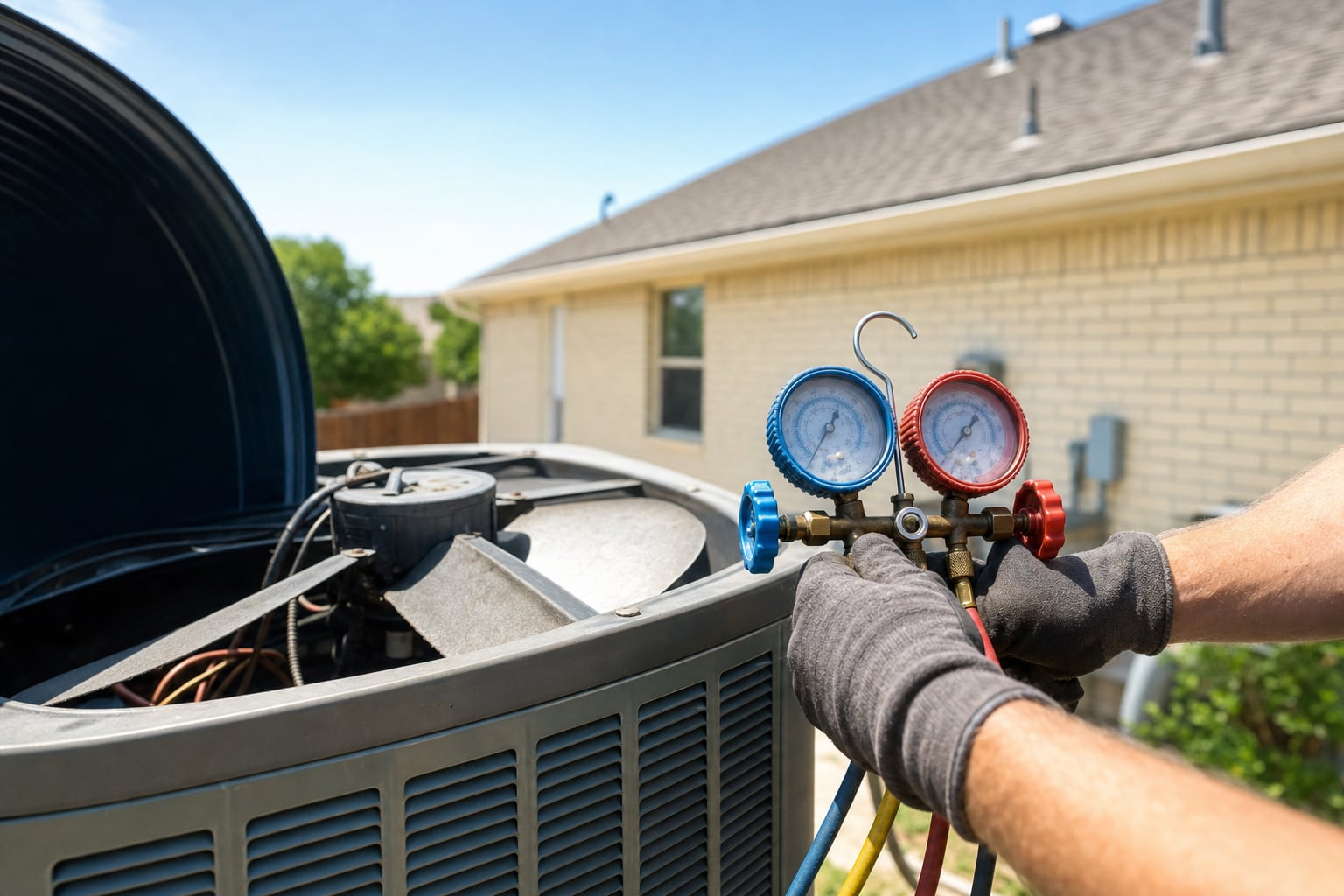 An HVAC technician's gauges hooked to a condenser in hard Texas summer light