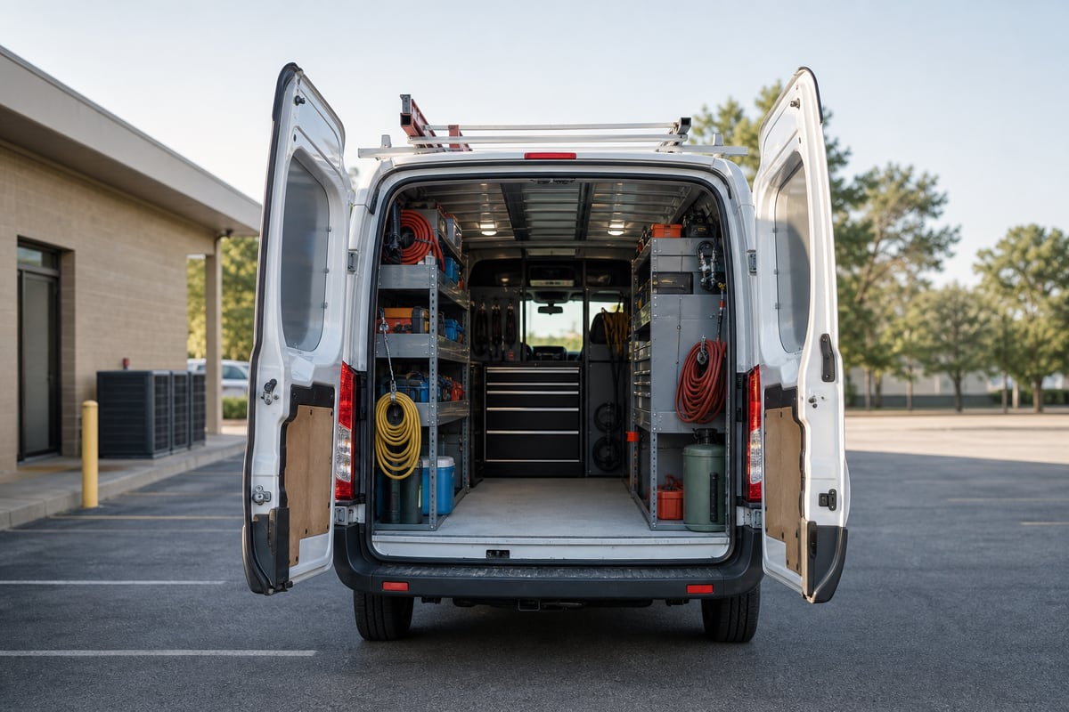 A stocked HVAC service van waiting at the shop on a quiet spring morning