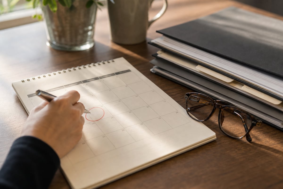 A desk calendar with a date circled in red beside policy folders with renewal tabs