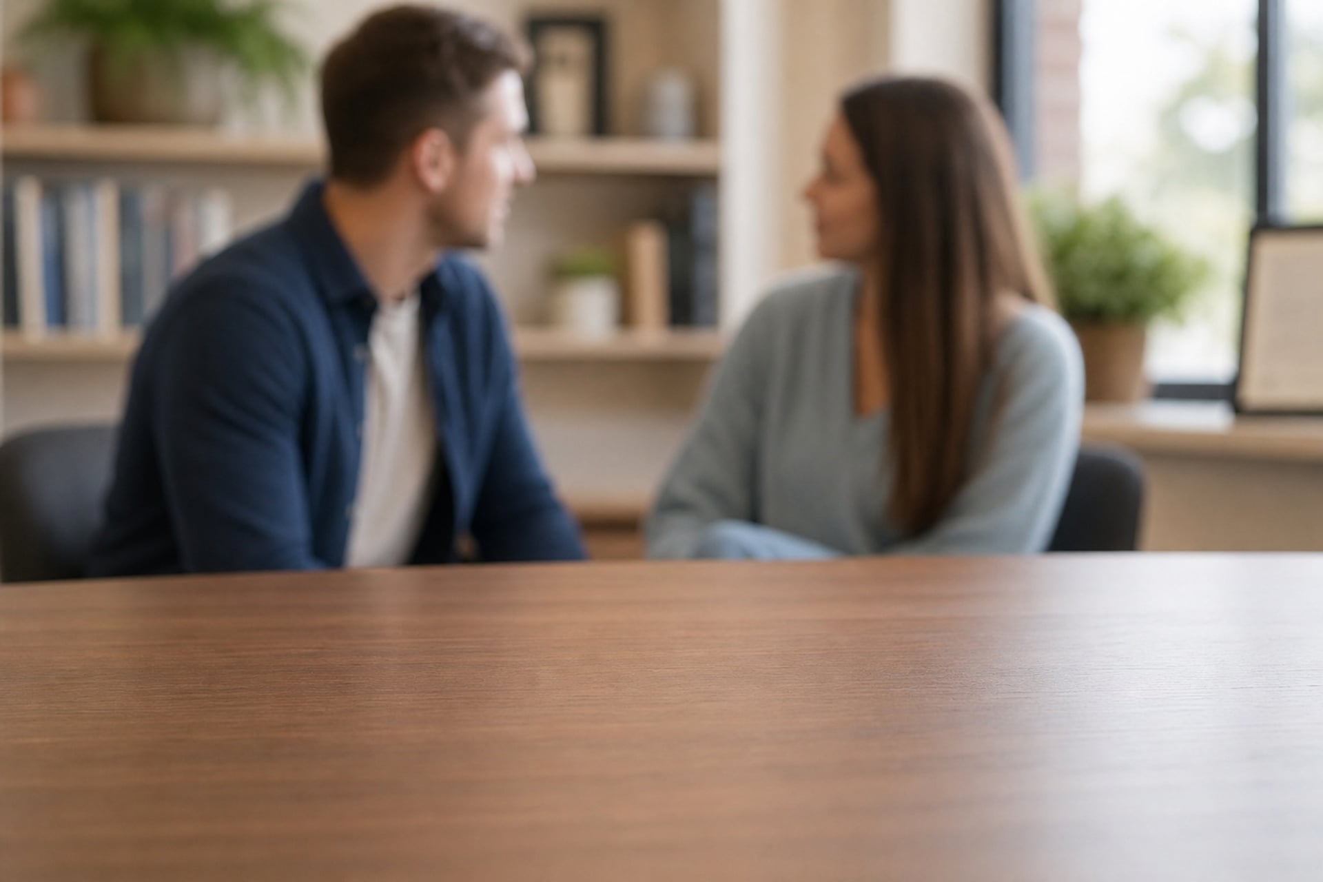 From the agent's side of the desk — a young couple in soft focus across the warm parchment light