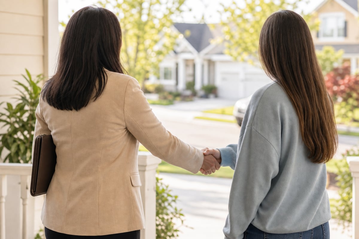 An agent shaking hands with a homeowner on a front porch in late-morning light